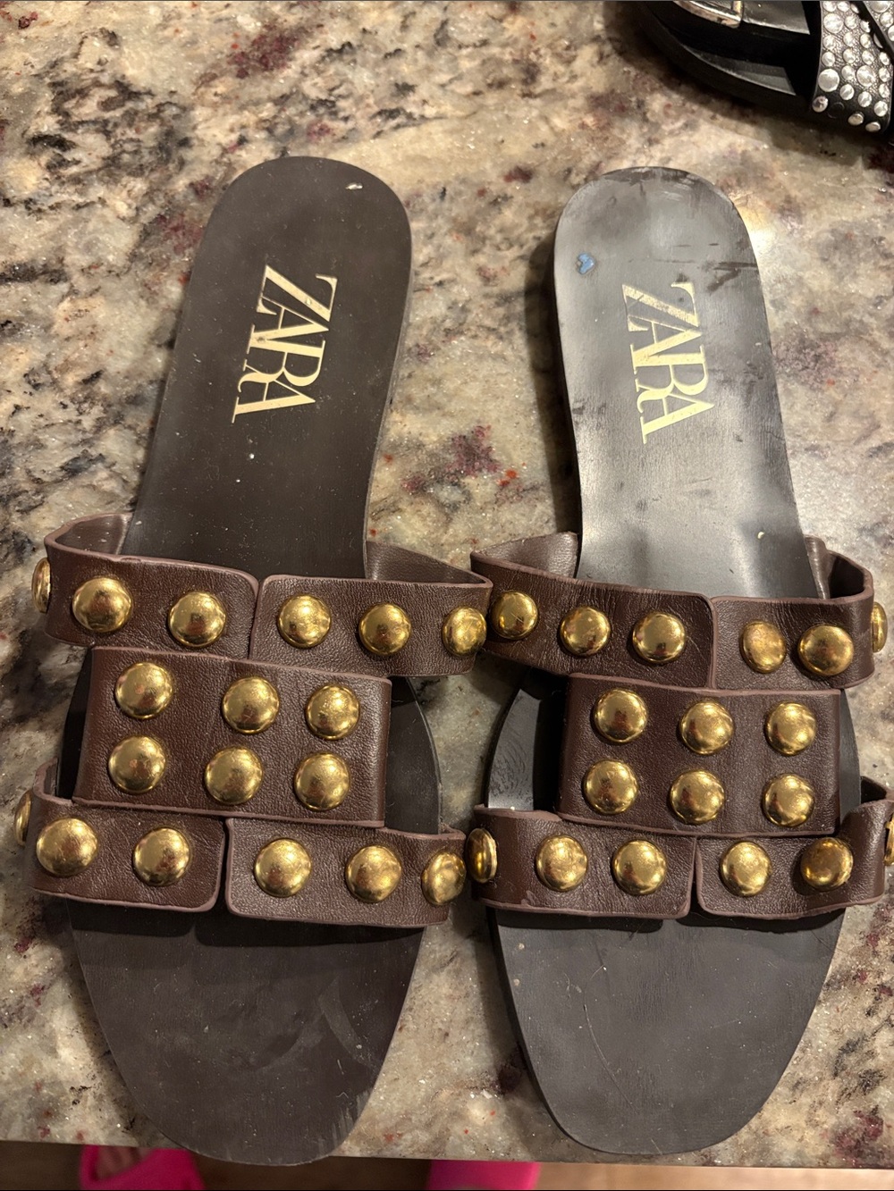 Zara Brown Slide Sandals with Gold Studs